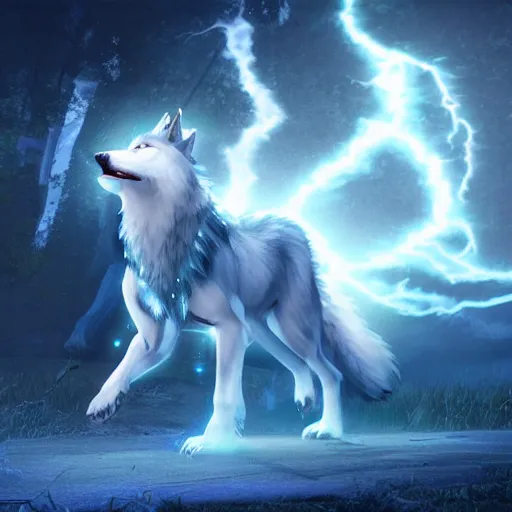 Prompt: a giant blue wolf with a white main and two unicorn horns, a white star shape on its forehead, yellow eyes, beautiful, ultra realistic, great wolf, unreal engine 5, dynamic lighting, highly detailed, lightning around