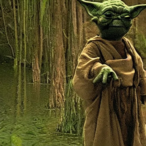 Prompt: yoda caught on a nightvision trailcam in a swamp