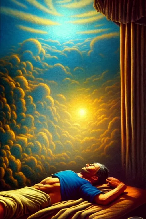 Prompt: a photorealistic detailed cinematic image of a man on his deathbed, looking at his own body. leaving it behind. emotional, by pinterest, david a. hardy, kinkade, lisa frank, wpa, public works mural, socialist