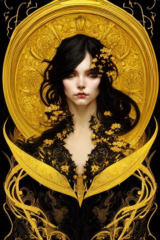 Image similar to beautiful black yellow, complicated gold baroque style decoration, dark fantasy, intricate, elegant, highly detailed, digital painting, artstation, concept art, matte, sharp focus, illustration, octane rendered, art by artgerm and alphonse mucha, leesha hannigan, ross tran