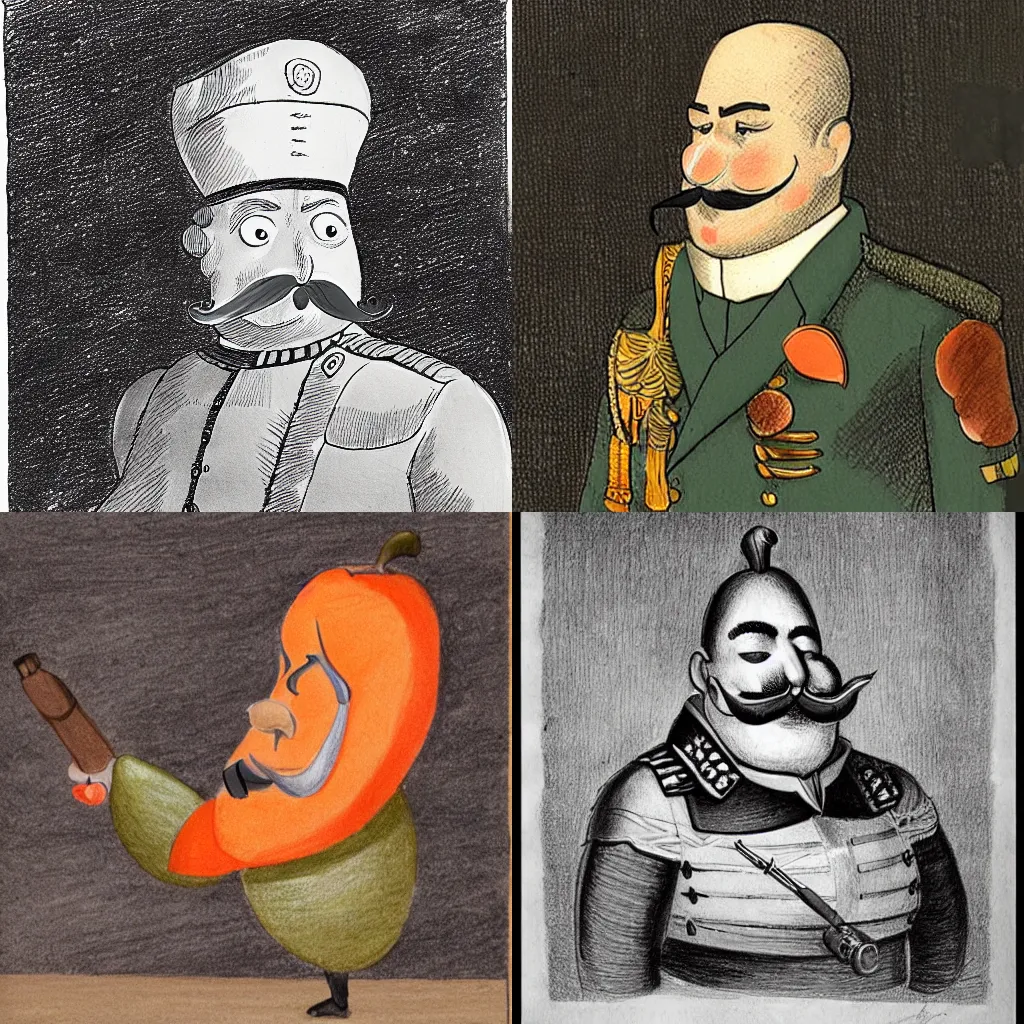 Prompt: a high-quality drawing of an angry pear-shaped army general with a thick mustache, orange skin, and aureola