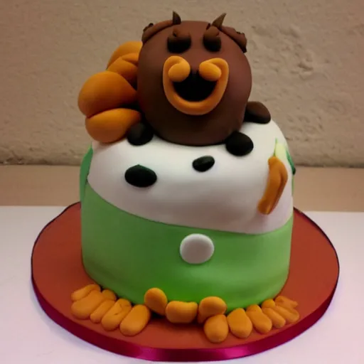 Prompt: a birthday cake decorated to look like garfield the cat