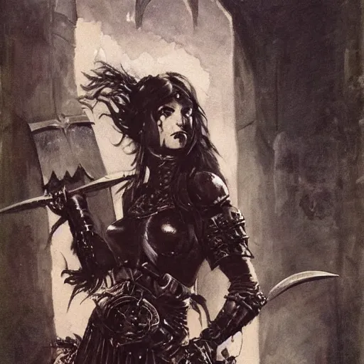 Prompt: portrait of a goth emo girl on steroids wearing armor and holding sword by frank fazetta, fantasy, barbarian