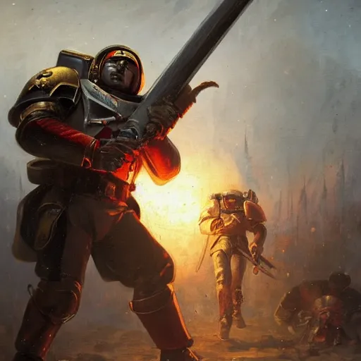 Prompt: space marine kills confederate soldier with a sword, 1 9 th century painting style, greg rutkowski, trending on artstation