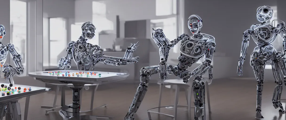 Prompt: a gorgeous highly detailed photo of two futuristic full - body humanoid robots with glowing led eyes sit on large midcentury recliners facing off in an intense game of checkers. cinematic movie photograph, cinematic lighting, arri alexa, extremely detailed, smooth, very very clean, 8 k, octane render, maya render, unreal engine, trending on artstation, dslr