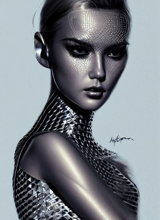 Image similar to photorealistic portrait of female humanoid, cyber neon lights, highly intricate, retro 6 0 s haute couture fashion, elegant, highly detailed, crispy quality, trending on artstation, trending on pinterest, glamor pose, no signature, no watermark, art by artgerm and greg rutkowski