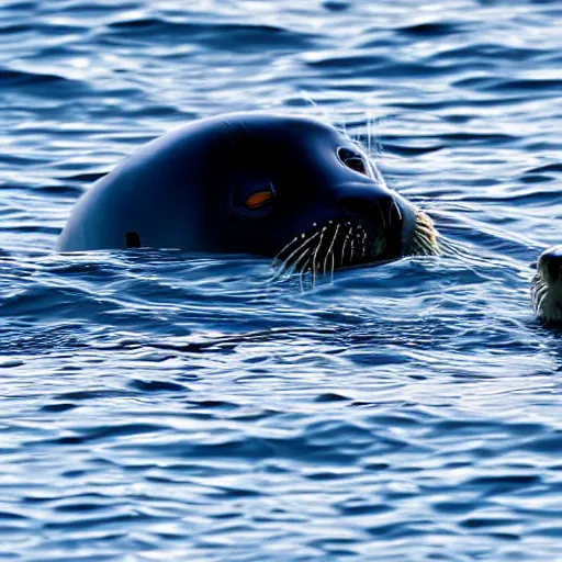 Image similar to a seal swimming at the surface of water with a seagull standing on its back