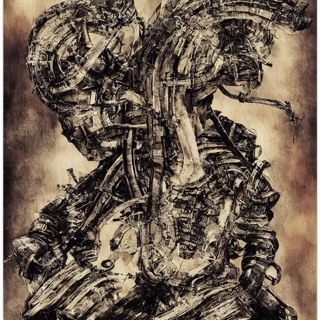 Image similar to poster of a beautiful meditating samurai by hans ruedi giger