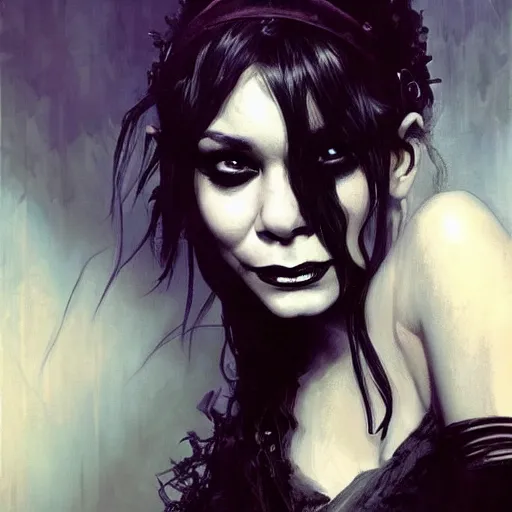 Image similar to beautiful portrait of vanessa hudgens as death from sandman, smiling, by cedric peyravernay, alphonse mucha, by jeremy mann, by lecouffe deharme, goth chic, soft lightning, eyeliner, punk rock, high detailed, 8 k