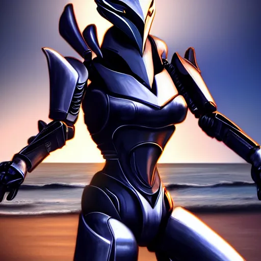 Prompt: bust shot of a cute stunning robot anthropomorphic female dragon, with sleek silver armor, a black OLED visor over the eyes, making a cute pose, on the beach at sunset, highly detailed digital art, furry art, anthro art, sci fi, warframe art, destiny art, high quality, 3D realistic, Furaffinity, Deviantart