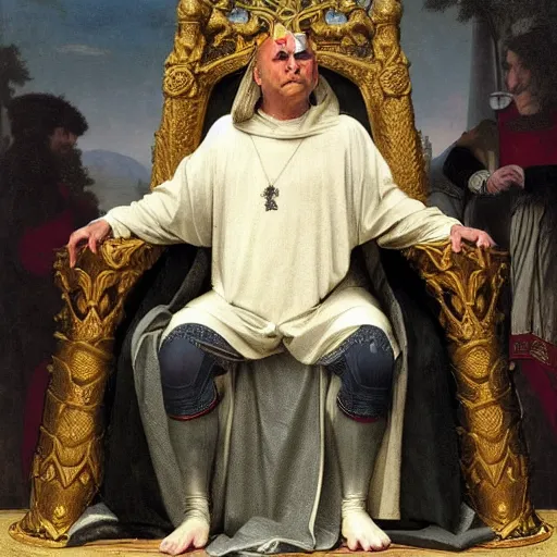 Image similar to Donald Trump as medieval king, sit on throne, bouguereau