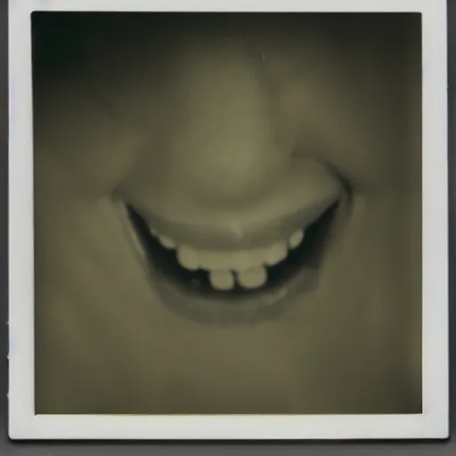 Prompt: Polaroid photography of a detached face smiling with crooked teeth in an old house