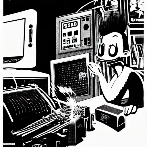 Image similar to a black and white photograph of a man destroying a computer until it sparks, by gary baseman, by robert crumb, by jim henson, photorealistic, surreal, high contrast, film photography