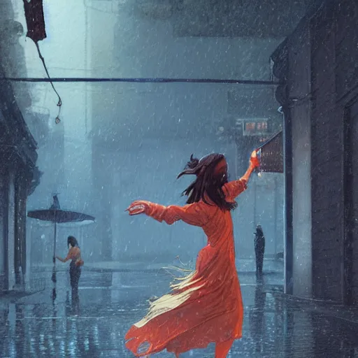 Image similar to highly detailed a woman dancing in the rain, in gta v, stephen bliss, unreal engine, fantasy art by greg rutkowski, loish, rhads, ferdinand knab, makoto shinkai and lois van baarle, ilya kuvshinov, rossdraws, tom bagshaw, global illumination, radiant light, detailed and intricate environment