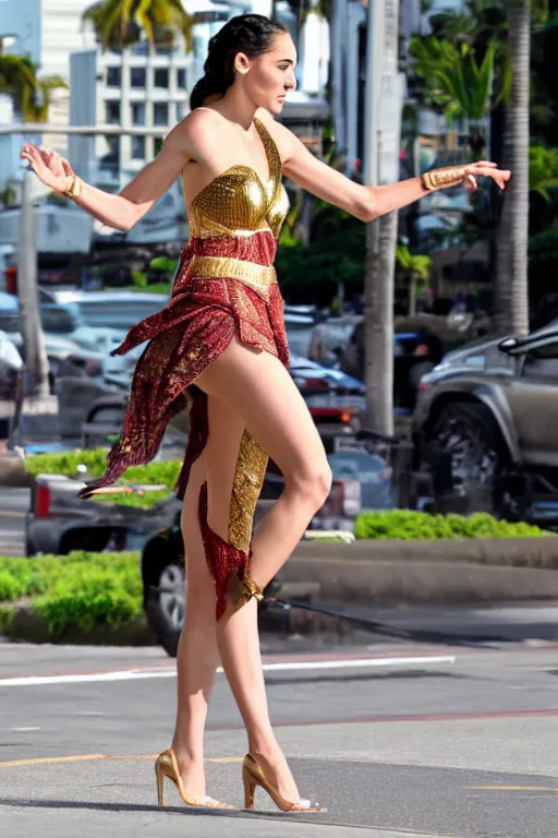 Prompt: Gal Gadot doing sophisticated hula, rule of thirds, lovely, elegant, set on Kalakaua avenue stage