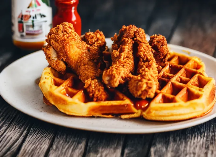 Image similar to dslr food photograph of a belgian waffle with fried chicken on top drizzled with maple syrup and a bottle of hot sauce on the side, 8 5 mm f 1. 8