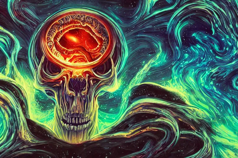 Image similar to a giant skull with deep and intricate rune carvings and glowing eyes with thick lovecraftian tentacles emerging from a space nebula by dan mumford, twirling smoke trail, a twisting vortex of dying galaxies, digital art, photorealistic, vivid colors, highly detailed, intricate