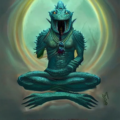 Prompt: argonian!!! bodhisattva, praying meditating, epic fantasy digital art, artstation trending