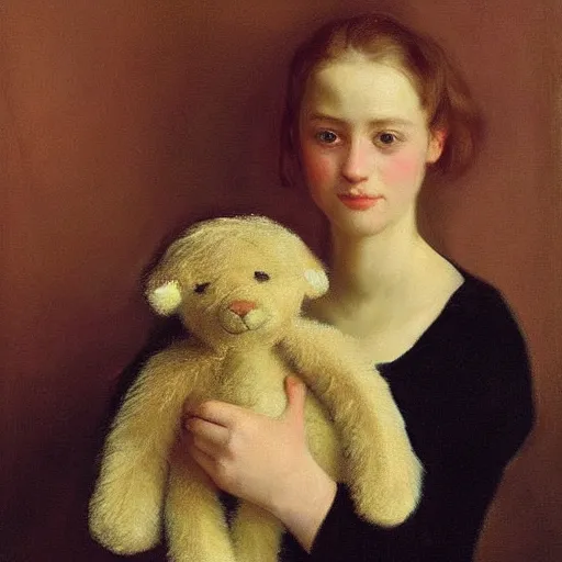 Image similar to “ blonde haired girl holding a stuffed animal, very detailed, oil painting, portrait, dark background, by john singer sargent ”