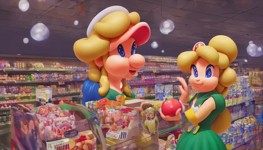 Image similar to photography of princess peach from mario in a grocery store with frock, in the mushroom kingdom, mario theme grocery store around, winter, anime style character, clean soft lighting, backlit beautiful face, clean brush stroke, 8 k character concept art, by wolp and artgerm ， 3 d