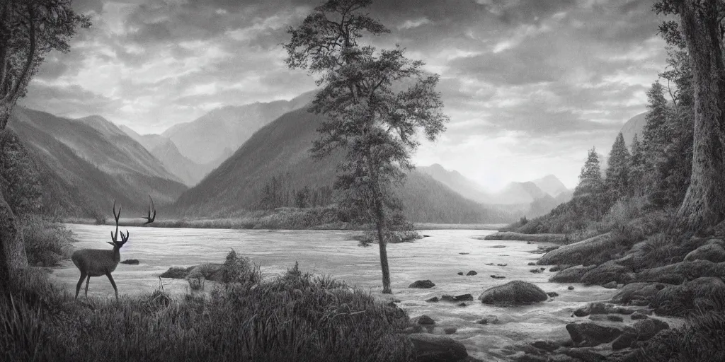 Image similar to A majestic landscape featuring a river, mountains and a forest. In the middle there is a deer with very big horns and he is staring at the sunset. Cinematic, very beautiful, pencil drawing