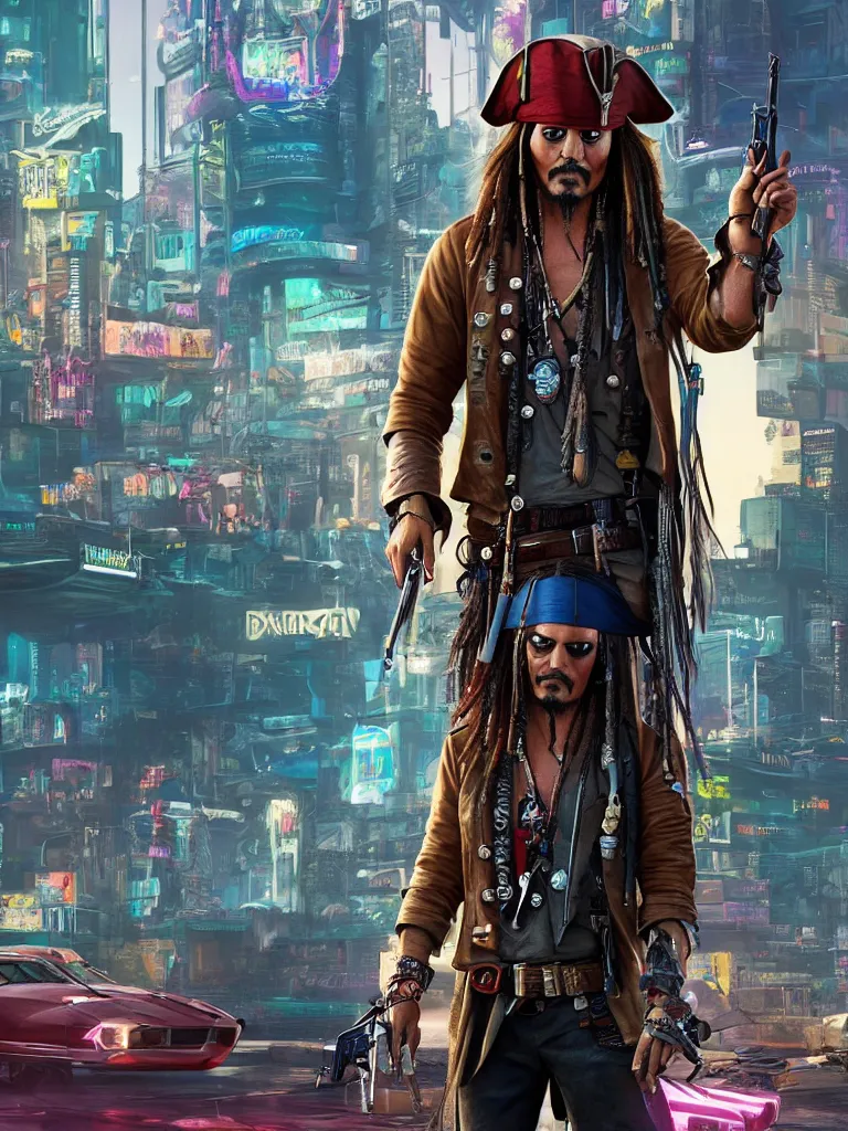 Image similar to jack sparrow in the game of cyberpunk 2 0 7 7, portrait, focus, 3 d illustration, sharp, intricate, poster, jack sparrow standing in front of the futuristic car, night city dystopian cyberpunk city in the background, photo, 3 d super render