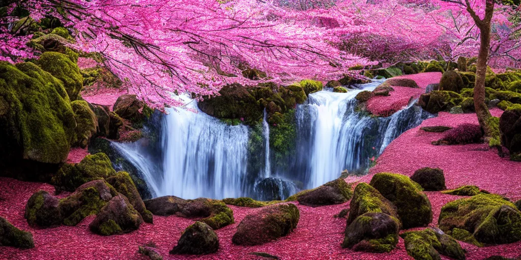 Prompt: Photo of a sakura tree forest divided by a waterfall, 4k