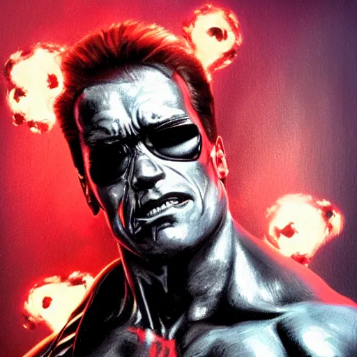 Prompt: Arnold Schwarzenegger, The Terminator model 101 stands tall in club \'Tech Noir\' pointing an UZI 9mm sub machine gun at his targets forehead, The red laser sights can be seen through the dry ice. detailed, digital painting, artstation, concept art, smooth, sharp focus, illustration, art by artgerm and greg rutkowski and alphonse mucha