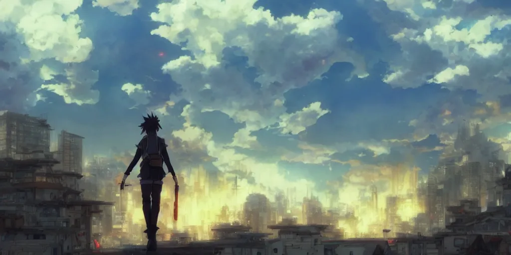 Image similar to anime character in front of an apocalyptic city and the clouds are burning, hyperrealistic, trending on pixiv fanbox, painted by greg rutkowski makoto shinkai takashi takeuchi studio ghibli, akihiko yoshida