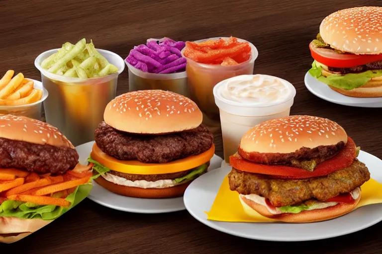 Prompt: mcdonalds colorful burgers, commercial photograph taken on table