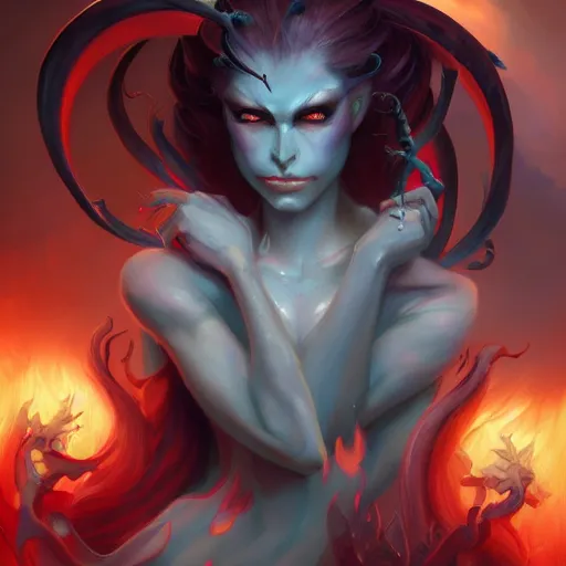 Image similar to portrait of the beautiful face a demoness with pale skin and red eyes and long dark hair by pete mohrbacher and artgerm and wlop, digital art, unreal engine 5, 4K UHD image