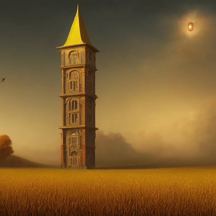 Image similar to a beautiful painting of a clock tower in a field of golden wheat by ivan aivazovsky and zdzisław beksinski and rene magritte and greg rutkowski and james gurney, in style of digital art. hyper detailed. octane render. maya. trending on artstation