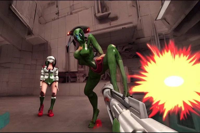 Image similar to an anime girl in a screenshot of the video game doom, the anime girl is crouching