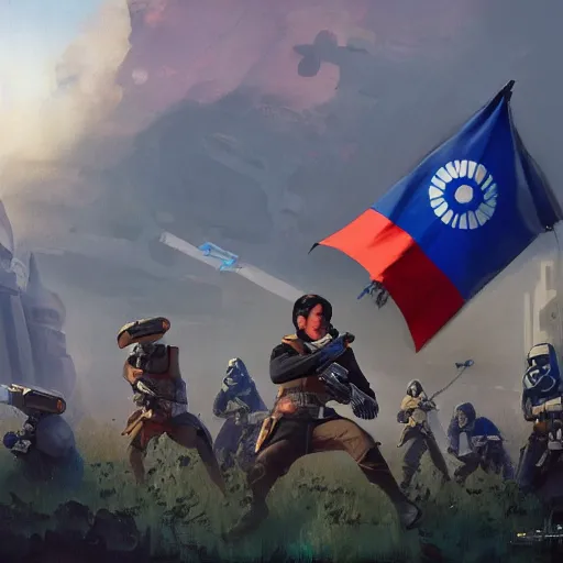 Image similar to In the Star Wars universe, rebels with Ukrainian flags are holding back the attacks of invaders with Russian flags by Greg Rutkowski