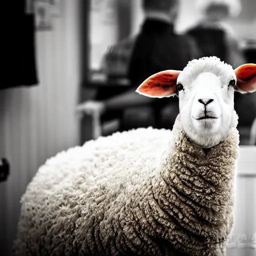 Image similar to award winning photo of a sheep at the barber shop bokeh f1.4 50mm