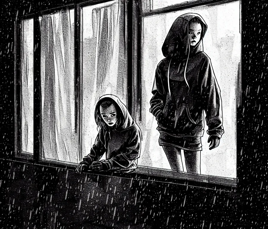 Prompt: sadie sink in hoodie sits on windowsill, knees tucked in as rain falls at night : b & w storyboard drawing, scifi cyberpunk. by gabriel hardman, joe alves, chris bonura. cinematic atmosphere, detailed and intricate, perfect anatomy