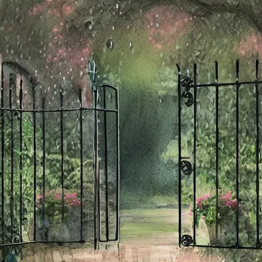 Image similar to delicate rain, symmetric, chairs, garden, paved, botanic watercolors, iridescent, 8 k, realistic shaded, fine details, artstation, italian, iron gate, tree, mediterranean