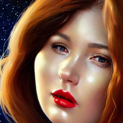 Image similar to a portrait of a very beautiful woman in a spacesuit with deep dueling scar across cheek, brown eyes, shoulder-length brown hair, red lips, bored, illustration, soft lighting, soft details, painting oil on canvas by mark arian by artgerm, trending on artstation, 4k, 8k, HD