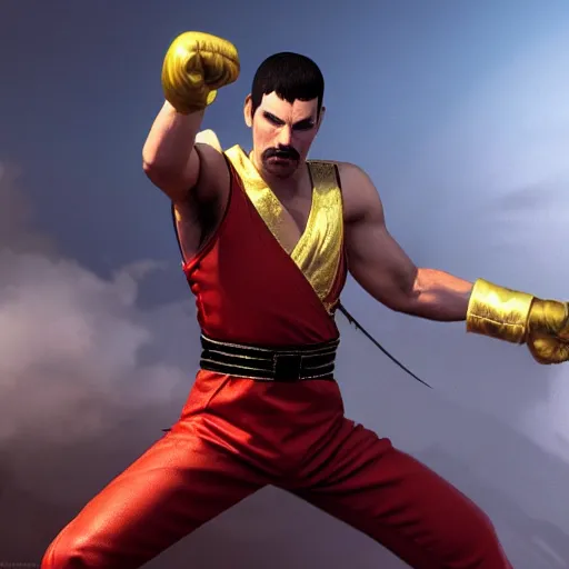 Image similar to freddy mercury as ken street fighter, ultra realistic, concept art, intricate details, highly detailed, photorealistic, octane render, 8 k, unreal engine, art by frank frazetta, simon bisley, brom