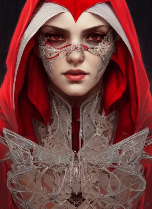 Image similar to symmetry!! red riding hood, machine parts embedded into face, intricate, elegant, highly detailed, digital painting, artstation, concept art, smooth, sharp focus, illustration, art by artgerm and greg rutkowski and alphonse mucha, 8 k