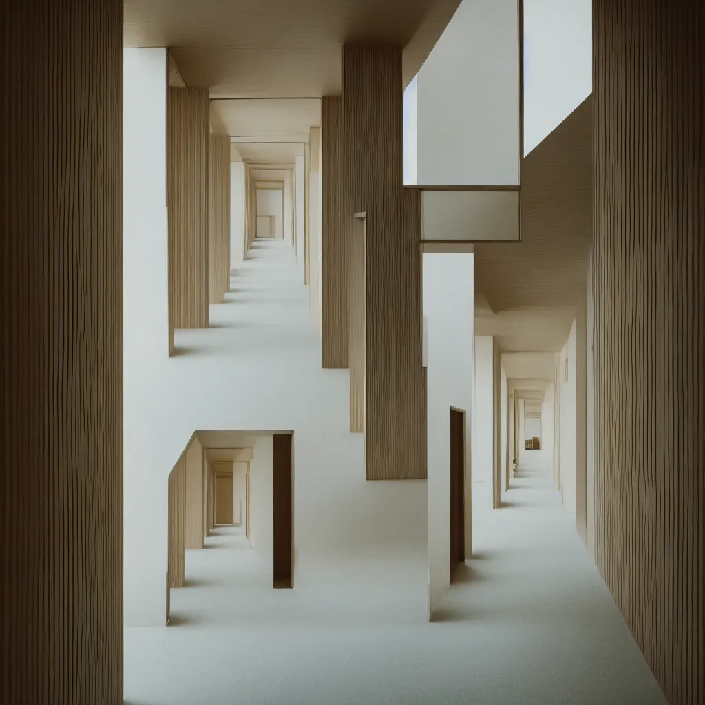Image similar to photograph of a hallway in the style of Wes Anderson, Tadao Ando, architecture magazine, dezeen, 50mm, pentax, film