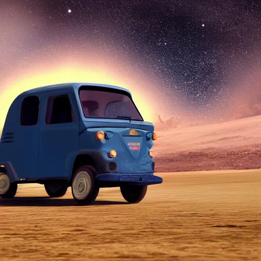 Prompt: a dark blue tuk tuk flying across the universe, hard science fiction, milky way, moon, matte painting, concept art, 4k