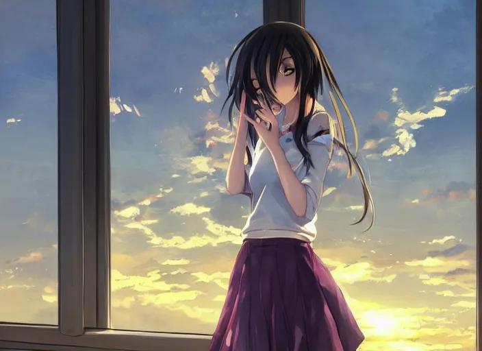 Image similar to anime girl in skirt looking out the window at megopolois and sunset, dynamic composition, motion, ultra-detailed, incredibly detailed, a lot of details, amazing fine details and brush strokes, colorful and grayish palette, smooth, HD semirealistic anime CG concept art digital painting, watercolor oil painting of Clean and detailed post-cyberpunk sci-fi close-up schoolgirl in asian city in style of cytus and deemo, blue flame, relaxing, calm and mysterious vibes,, by a Chinese artist at ArtStation, by Huang Guangjian, Fenghua Zhong, Ruan Jia, Xin Jin and Wei Chang. Realistic artwork of a Chinese videogame, gradients, gentle an harmonic grayish colors. set in half-life 2, Matrix, GITS, Blade Runner, Neotokyo Source, Syndicate(2012), dynamic composition, beautiful with eerie vibes, very inspirational, very stylish, with gradients, surrealistic, dystopia, postapocalyptic vibes, depth of field, mist, rich cinematic atmosphere, perfect digital art, mystical journey in strange world