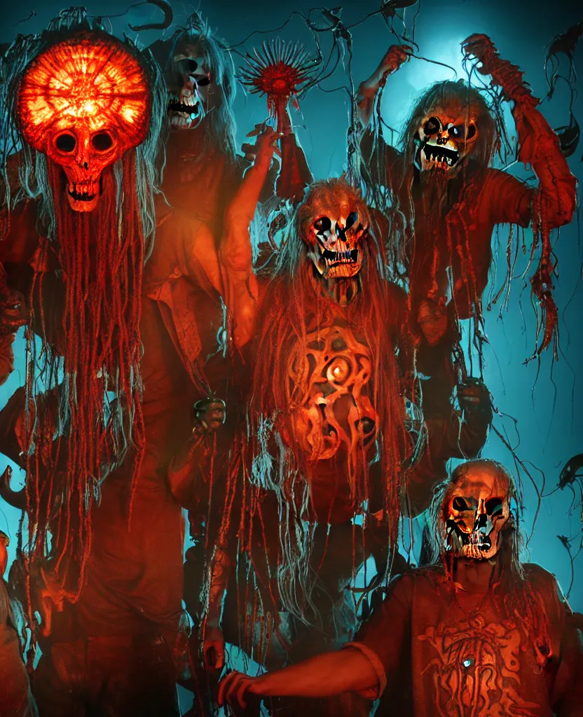 Image similar to Rob Zombie and Captain Spalding (The Devils Rejects) and Slipknot, epic angle and pose, symmetrical artwork, 3d with depth of field, blurred background, cybernetic jellyfish female face skull phoenix bird, translucent, nautilus, energy flows of water and fire. a highly detailed epic cinematic concept art CG render. made in Maya, Blender and Photoshop, octane render, excellent composition, cinematic dystopian brutalist atmosphere, dynamic dramatic cinematic lighting, aesthetic, very inspirational, arthouse. y Greg Rutkowski, Ilya Kuvshinov, WLOP, Stanley Artgerm Lau, Ruan Jia and Fenghua Zhong