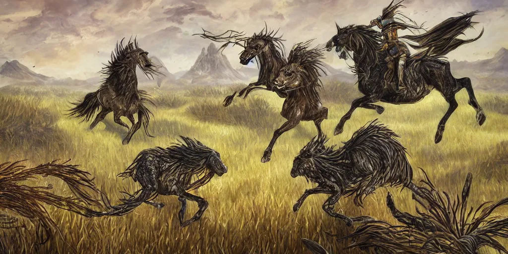 Prompt: wild rice-grain creatures galloping through the wilderness, style of Magic the Gathering, fantasy art