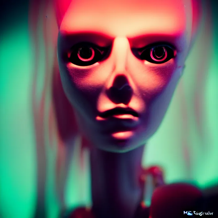 Prompt: broken toy doll with human face, illustrated by greg rutkowski and h. r. giger, 3 5 mm lens, beautiful macro close - up imagery, vibrantly lush neon lighting, beautiful volumetric - lighting - style atmosphere, a futuristic atmosphere, intricate, ultra detailed, photorealistic imagery, trending on artstation