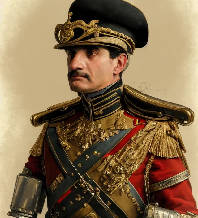 Image similar to portrait of an italian man wearing a traditional nineteenth century italian empire military uniform, metal shoulder pauldrons, intricate, highly detailed, digital painting, artstation, concept art, sharp focus, cinematic lighting, illustration, art by artgerm and greg rutkowski, alphonse mucha, cgsociety