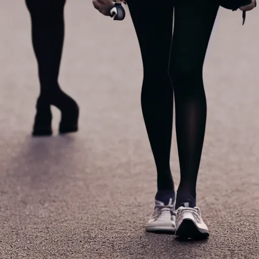 Image similar to close up photo of a tiny emma watson walking her shiba inu, cinematic, shallow dof, 3 5 mm, 4 k, macro