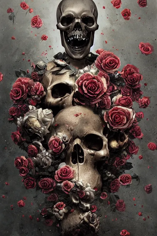 Prompt: skull bust, concept art, technology vs nature, a bullet explodes the skull in a hundred roccoco roses, photorealistic by michael komarck, greg rutkowski, victo ngai, artgerm, willem claesz heda and j. dickenson