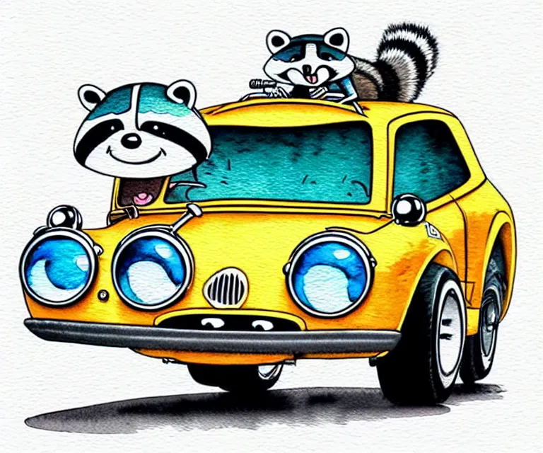 Image similar to cute and funny, racoon wearing a helmet riding in a tiny miniature little hot rod coupe with oversized engine, ratfink style by ed roth, centered award winning watercolor pen illustration, isometric illustration by chihiro iwasaki, edited by range murata